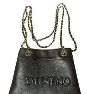 Valentino Black Leather Shoulder Bag with Gold Chain